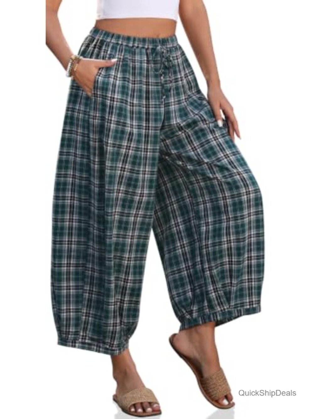 Women's Cotton Linen Plaid Wide Leg Pants w/ Pockets